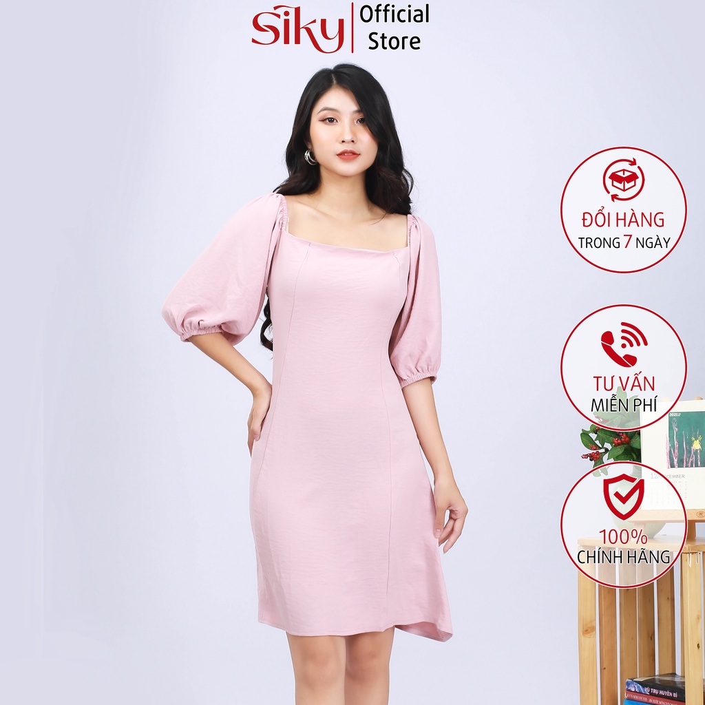 Váy cổ vuông nữ SIKY tay bồng chất liệu đũi lụa VTL01