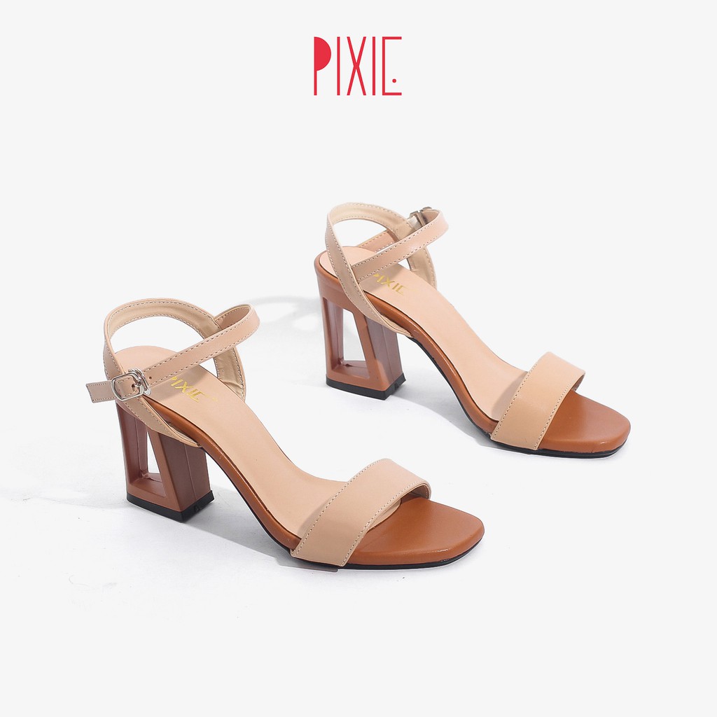 Giày Sandal Đế Vuông 7cm Gót Rỗng Quai Ngang Màu Đen Pixie X441