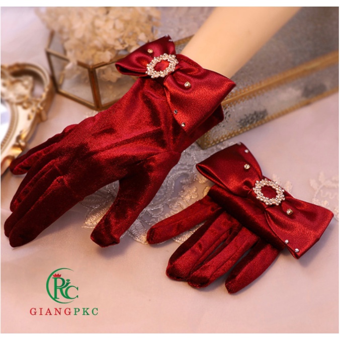 Găng tay nhung đen đính nơ đá cho nữ mẫu đẹp