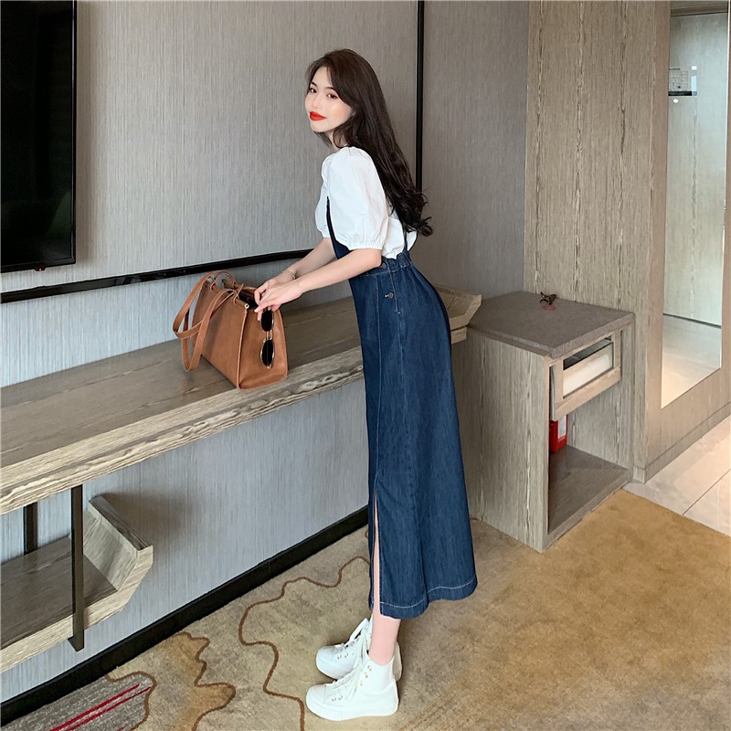 /Sẵn yếm M, L/ Set váy yếm bò dáng dài xẻ tà và áo sơ mi tay phồng cổ tròn - psyche | BigBuy360 - bigbuy360.vn