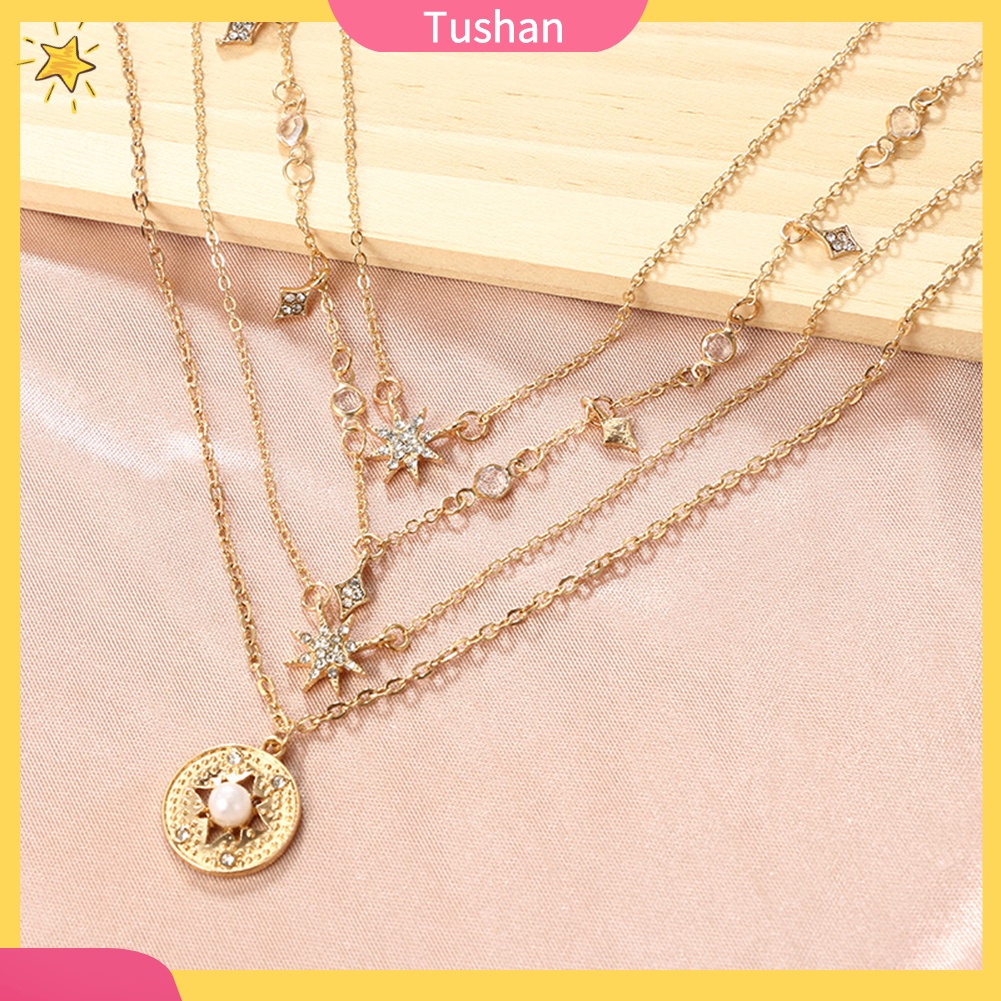 Dây chuyền nhiều lớp mặt ngôi sao gắn ngọc trai giả phong cách boho cho nữ