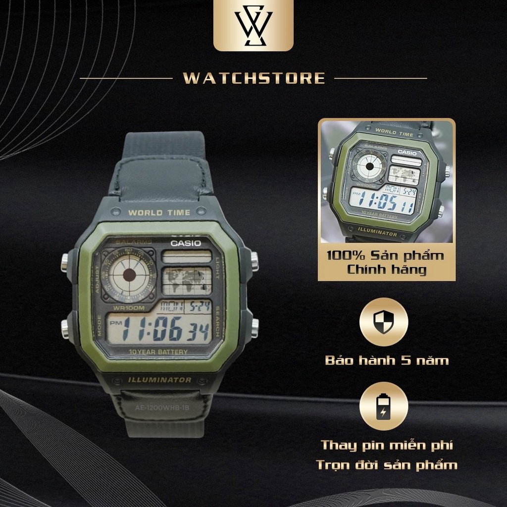 Đồng Hồ Điện Tử Nam Casio WATCHSTORE AE-1200WHB-1BVDF Thiết Kế Mặt Kính Nhựa 42mm Kèm Dây Đeo Vải Tiện Lợi