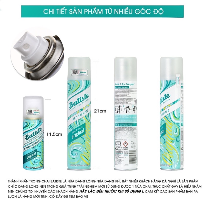Dầu Gội Khô Batiste Dry Shampoo 200ml Hết Ngứa, Hết Bết Dính Tóc Bồng Bềnh Tức Thì