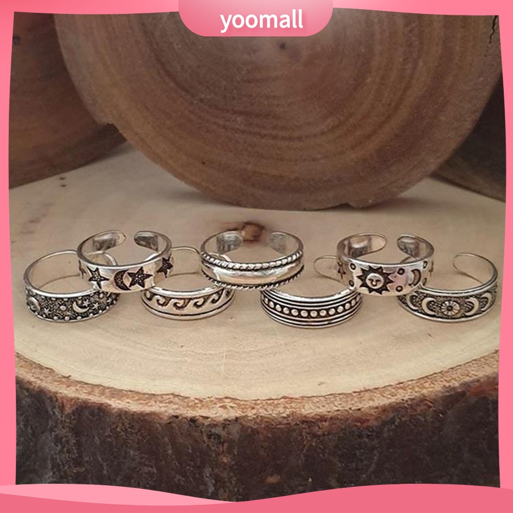 Yomall♡ Set 7 Nhẫn Ngón Chân Mạ Điện Hình Trăng Sao Phong Cách Bohemian