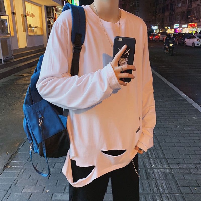 Áo thun dài tay rách Hàn Quốc, áo phông trơn phom rộng mùa thu đông 2022 - kèm ảnh thật | BigBuy360 - bigbuy360.vn
