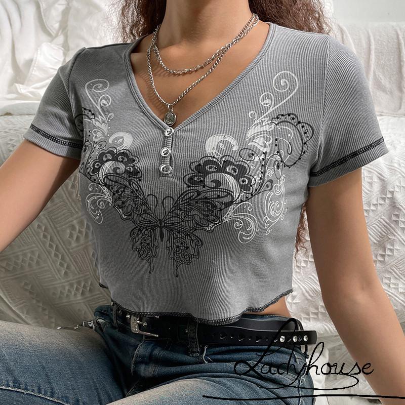 Áo thun tay ngắn cổ chữ V in họa tiết bướm phong cách cổ điển thời trang mùa hè cho nữ