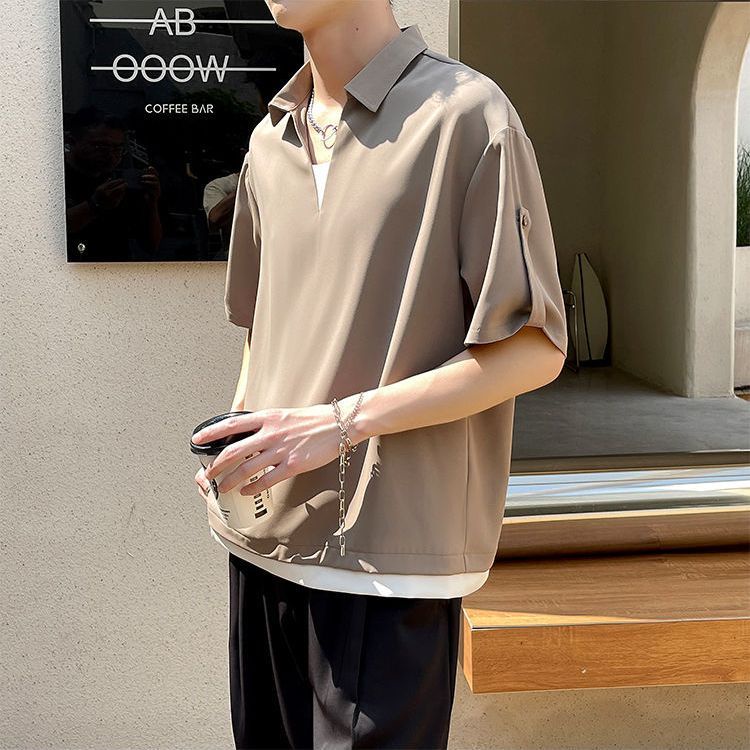 Áo Sơ Mi Tay Ngắn Cổ Đứng Form Rộng Chất Liệu Lụa Lạnh Cho Nam