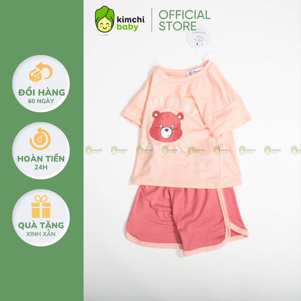 Đồ Bộ Bé Gái, Bé Trai KIMCHIBABY Vải Thun Lạnh Hoạ Tiết Gấu Happy Face, Bộ Cộc Tay Mặc Nhà Cho Bé KW2201