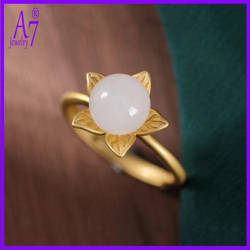 Nhẫn Hở Điều Chỉnh Được Bằng Đá Ngọc Bích Trắng Bạc S925 Phong Cách Cổ Điển Cho Nam Và Nữ