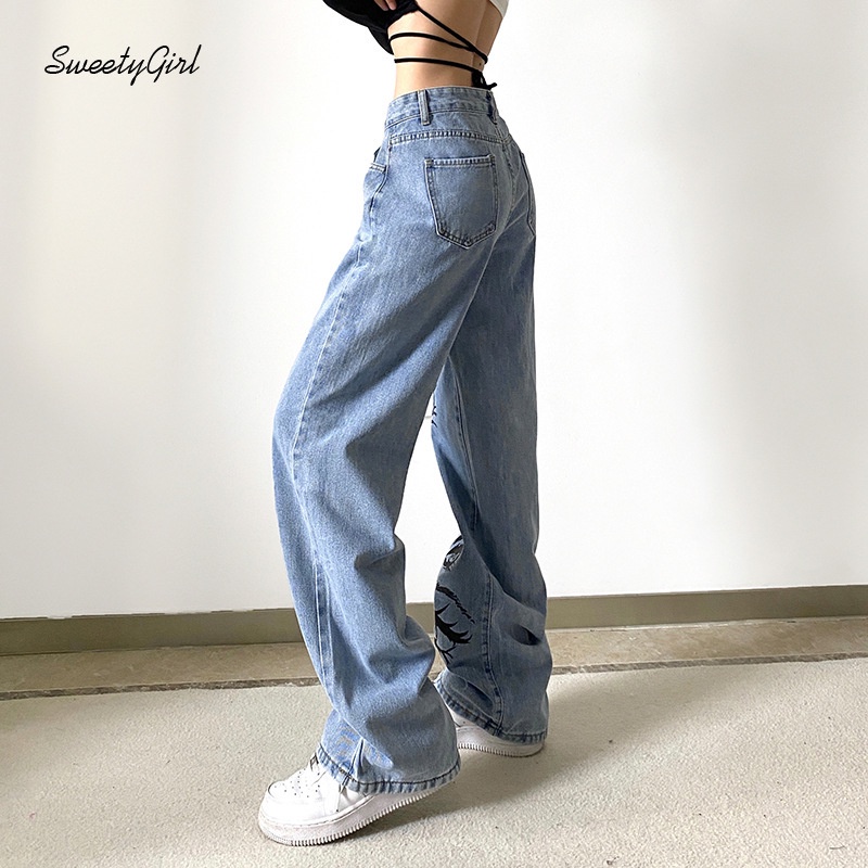 Quần Jeans Dài Lưng Cao In Hình Đôi Mắt Thời Trang Cho Nữ