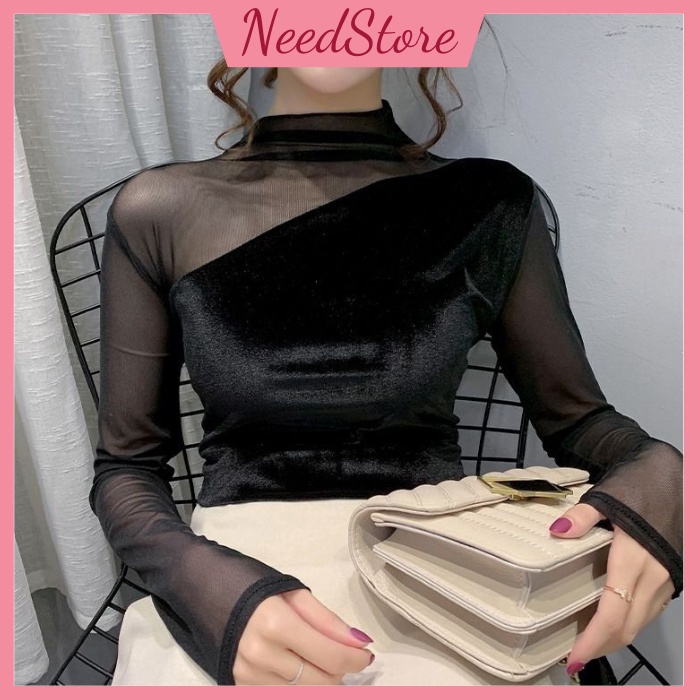 Áo giữ nhiệt nữ cổ tròn chất nhung siêu ấm phối lưới ôm body co giãn sang trọng quý phái phối vest blazer