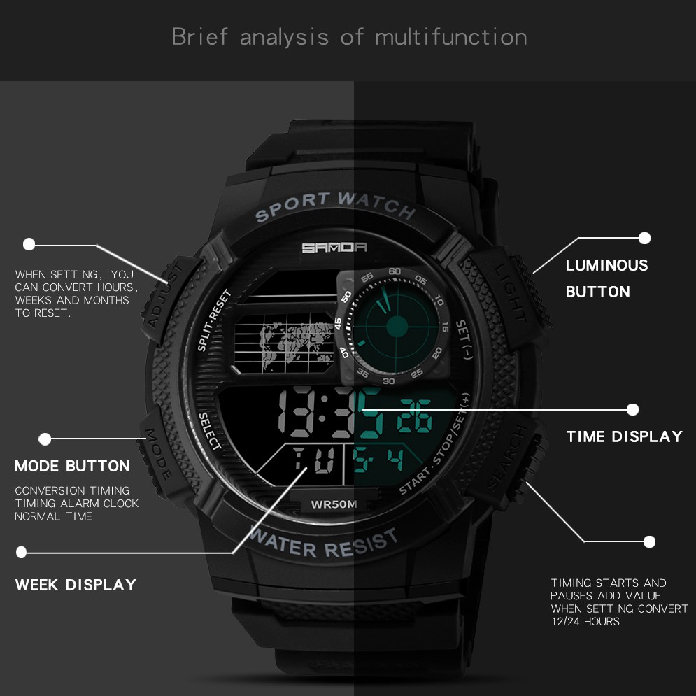 Đồng Hồ SANDA Dành Cho Nam Có Màn Hình Kỹ Thuật Số Đèn LED | BigBuy360 - bigbuy360.vn