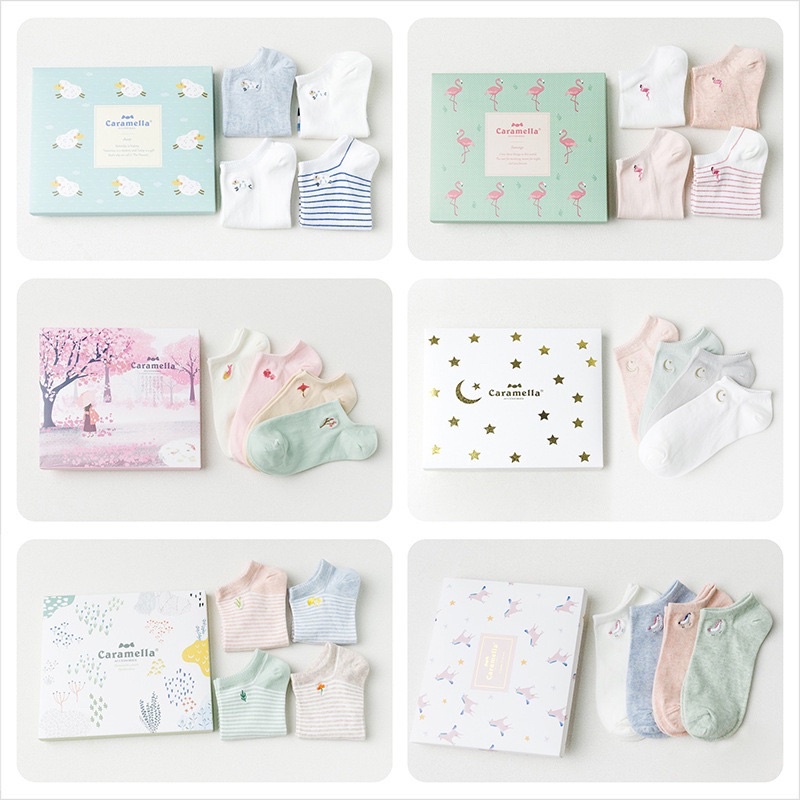 Set 4 đôi tất nữ Caramella hoạ tiết dễ thương phong cách Hàn Quốc tặng kèm hộp hoặc túi zip