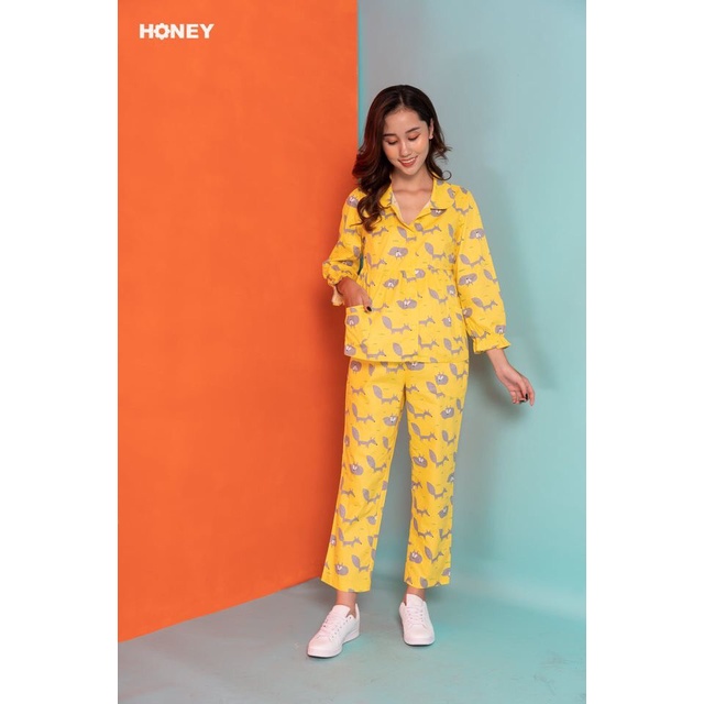 Bộ đồ bầu pijama chất thô hàn mềm, quần có chun rút điều chỉnh theo kích cỡ bụng - Thời trang đầm bầu cao cấp HONEY