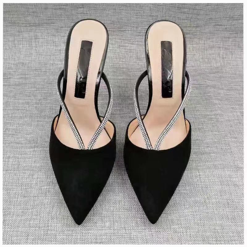 ▲۩Spring/Summer 2021 new high heels female temperament outer wear half slippers Baotou stiletto pointed toe women s shoes with rhinestone sandals and