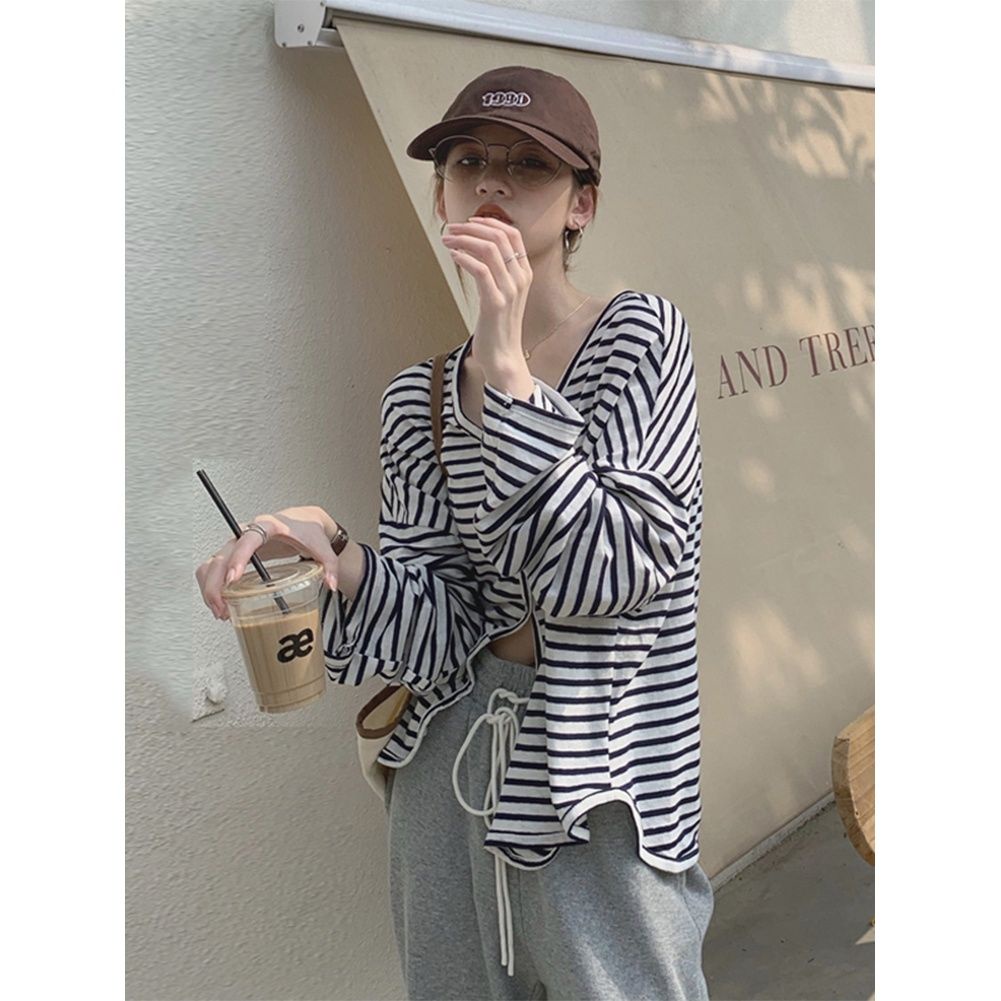 Áo thun dáng rộng tay dài kích thước lớn họa tiết sọc chống nắng dành cho nữ