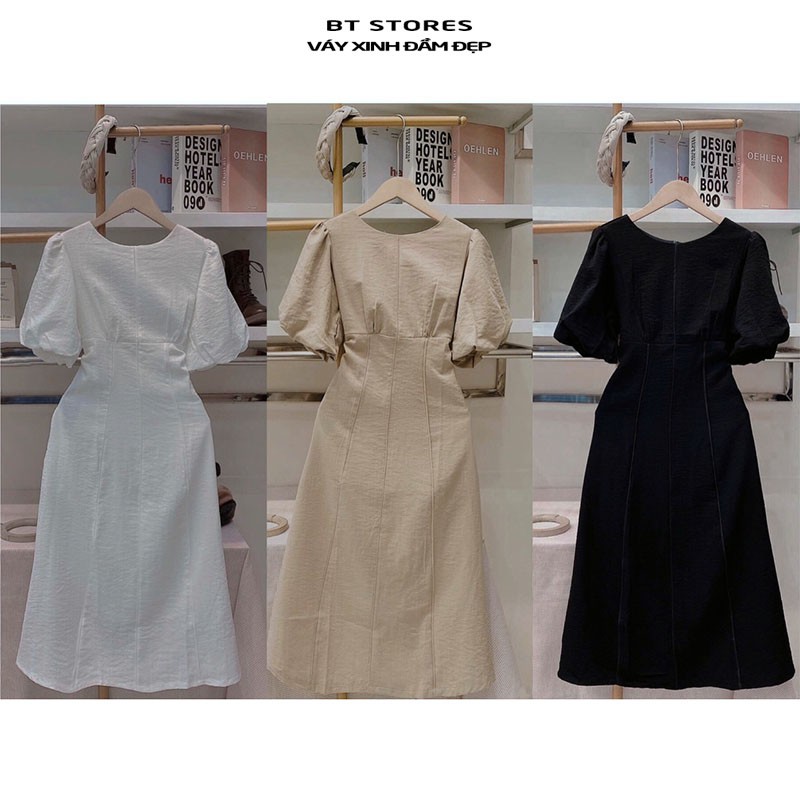 Đầm cổ tròn tay phồng may phối ly dọc thân chất vải linnen Vaco BT93