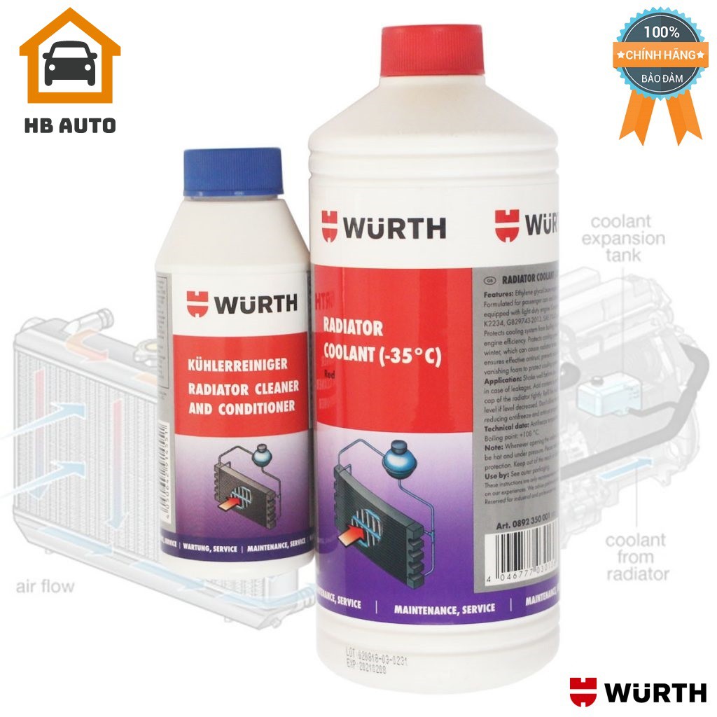 Combo Chất Súc Rửa Hệ Thống Giải Nhiệt Wurth 250ml 0892350001 và Nước Giải Nhiệt -35 độ C Màu Đỏ Wurth 1L 5861510250