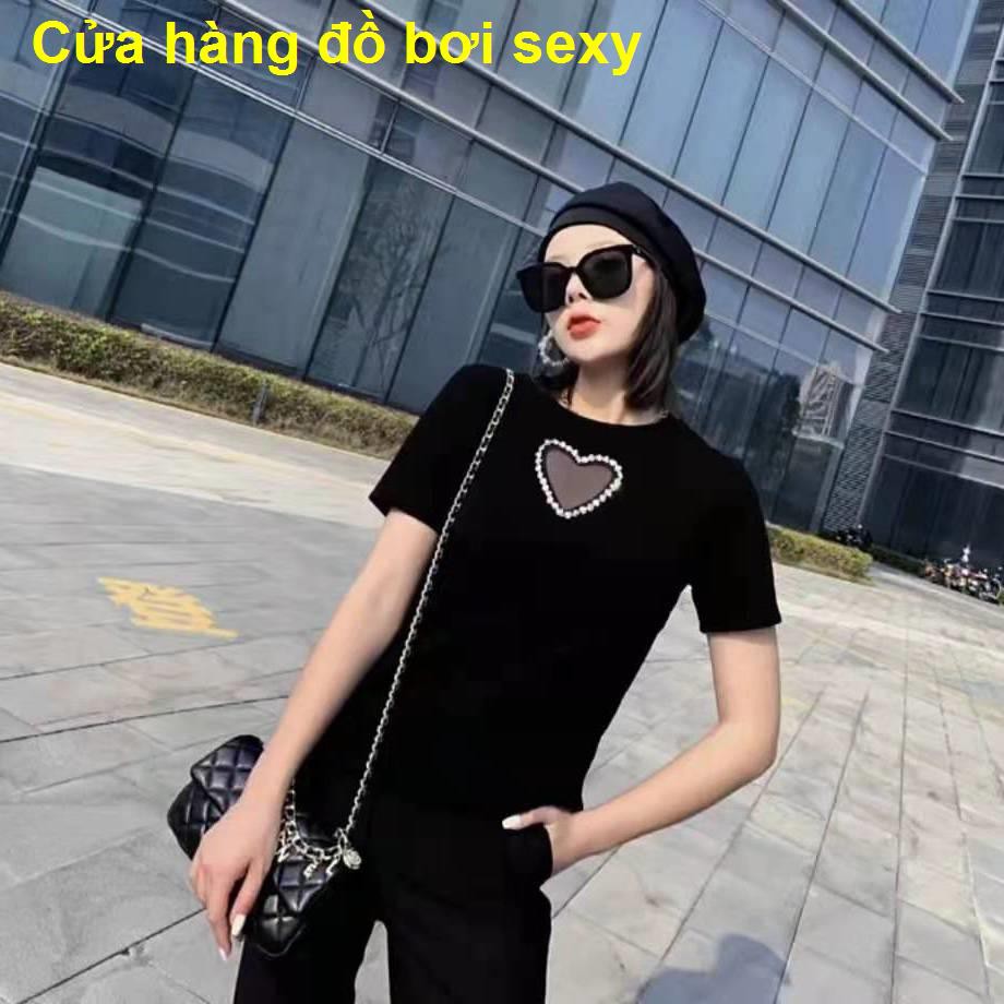 2021 mới thời trang mùa hè trắng được gia công cẩn thận rỗng sexy nghiệp nặng tay ngắn tình yêu kim cương Áo thun