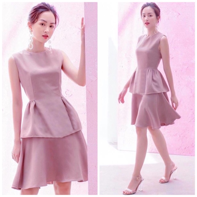 Đầm hồng tầng nhúng eo