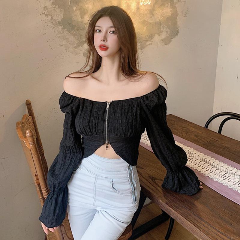 Áo crop top tay loe dài màu trơn có khóa kéo phong cách Hàn Quốc cho nữ
