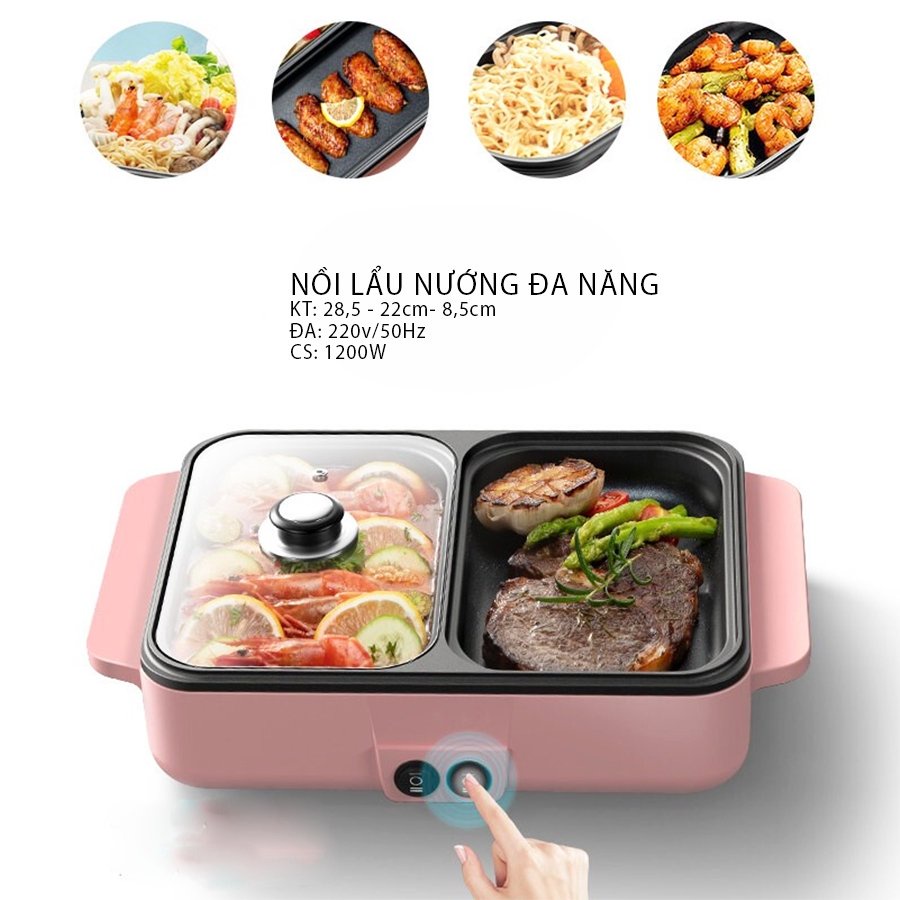 Nồi lẩu nướng 2in1 Hàn Quốc 2 nút điều chỉnh nhiệt độ - Nồi lẩu điện nướng 2 ngăn Hàn Quốc mini - Bếp nướng kiêm lẩu