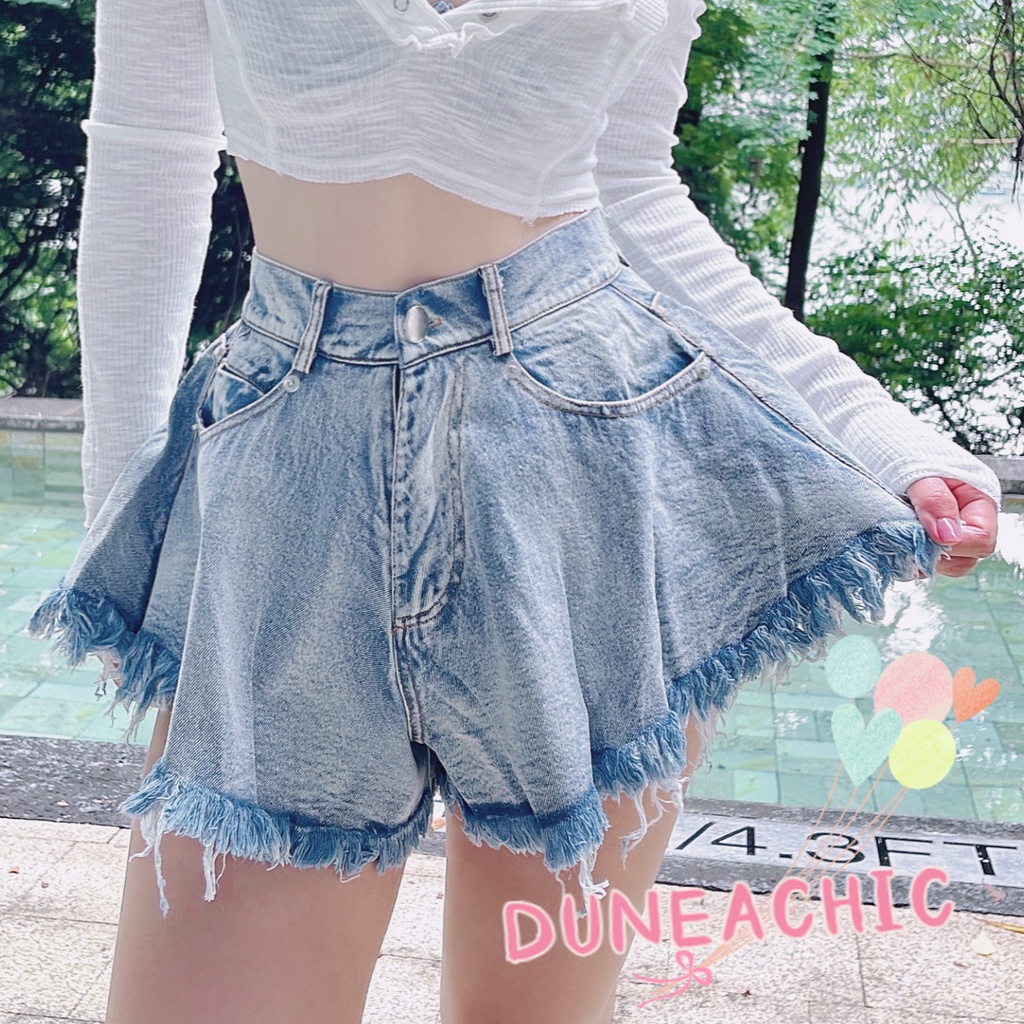 Quần Short Denim Lưng Cao Ống Rộng Thiết Kế Xẻ Rách Cá Tính