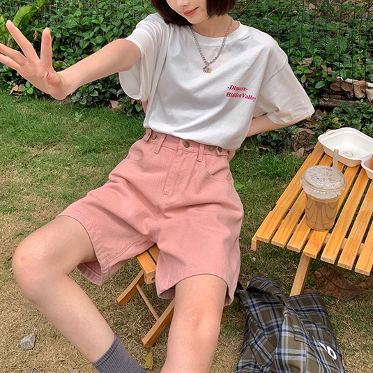 Quần short denim SUXI lưng cao màu trơn thời trang cho nữ