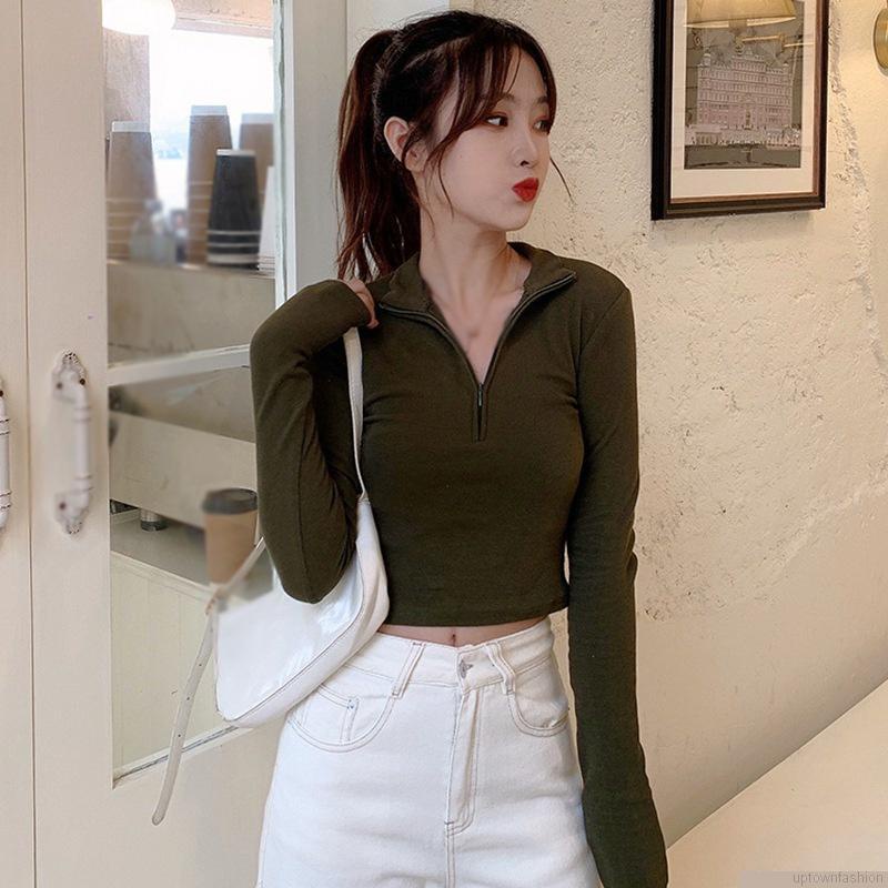 Áo crop top tay dài màu sắc thời trang thu đông cho nữ