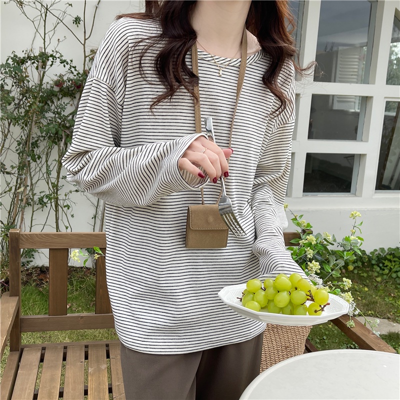 Áo thun SUXI cho nữ thiết kế cổ tròn dài tay sọc ngang thời trang