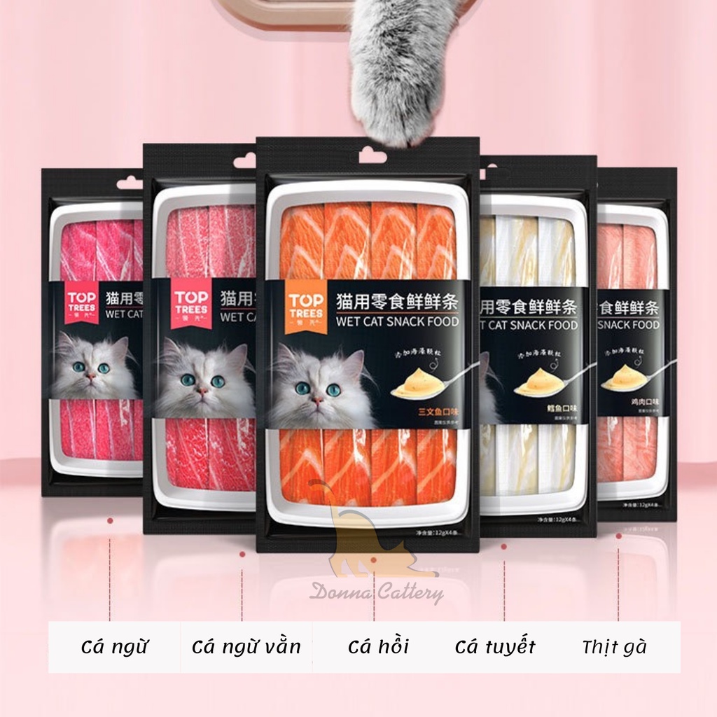 SÚP THƯỞNG TOPTREES CHO MÈO CÁ NGỪ THỊT GÀ CÁ TUYẾT CÁ HỒI GÓI 12g * 4 THANH