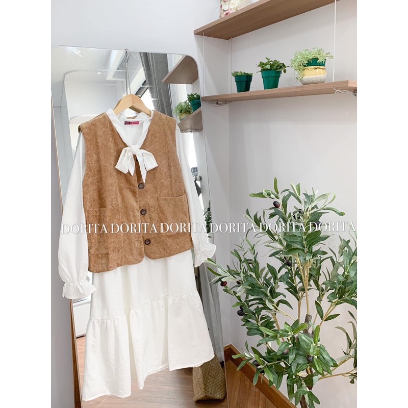 Váy trắng dài cổ nơ, Váy đũi trắng cổ nơ dáng dài phong cách Hàn Quốc | BigBuy360 - bigbuy360.vn