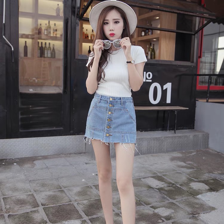 Xả Kho : Chân váy bò Jeans thiết kế lưng cao Denim giả váy trong có quần size to cá tính đóng cúc