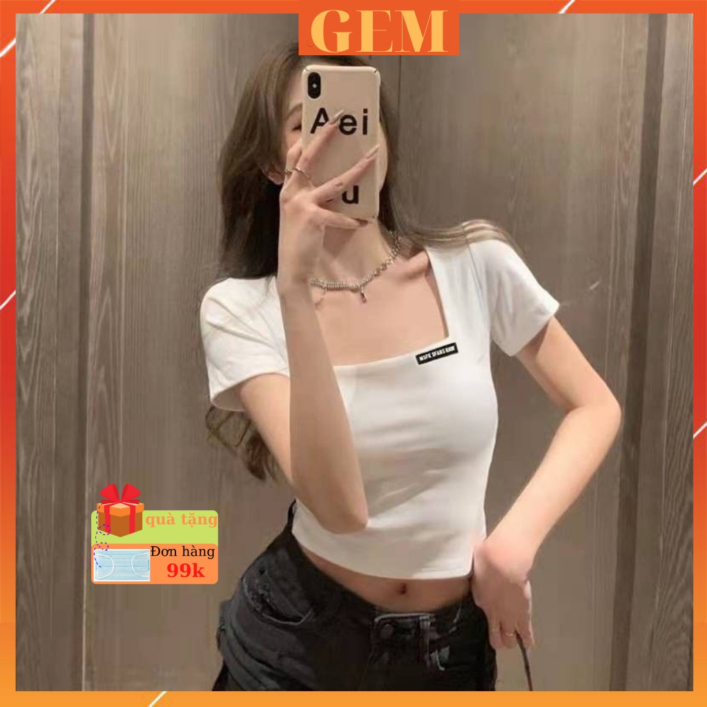 Áo croptop tay ngắn cổ vuông chất thun tăm co giãn tốt , áo thun nữ kiểu hàn quốc