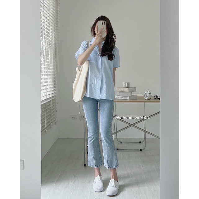 Áo sơ mi kẻ vạt chéo lưng form rộng