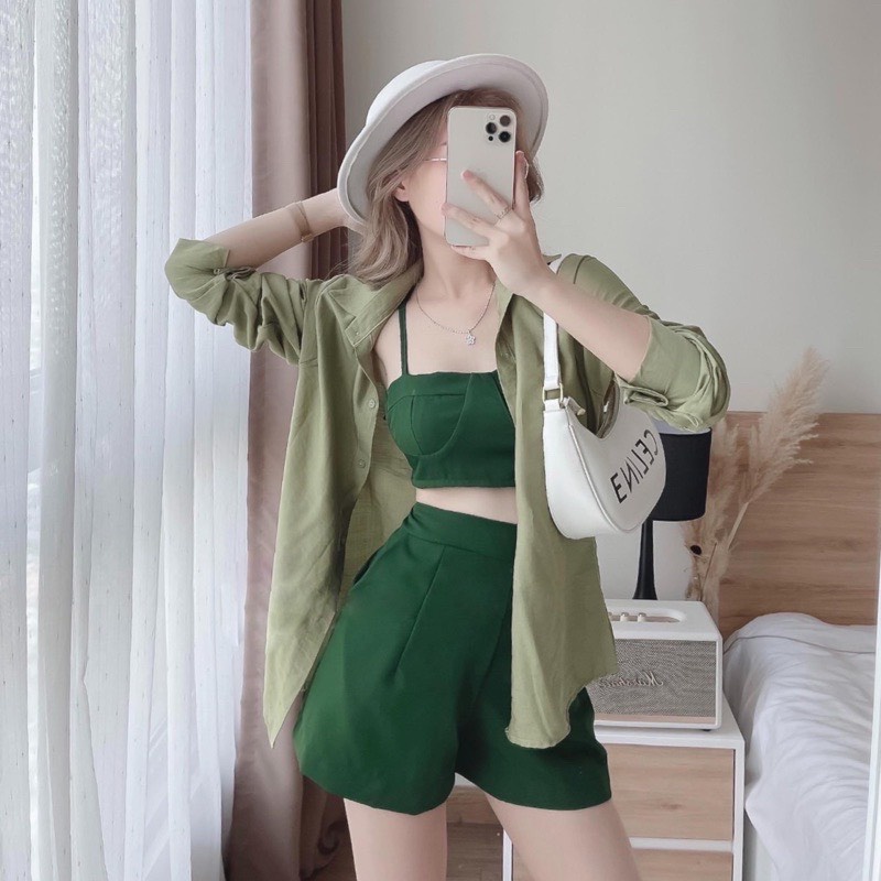 Set bộ 3 món: Áo khoác sơmi mix áo 2 dây có mút ngực,quần đùi,4 màu như hình ( xanh dương,xanh rêu,cam,hồng )