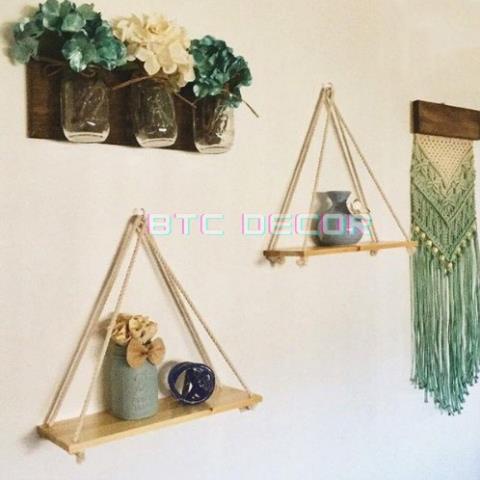 Kệ Gỗ Thông Treo Tường Dây Thừng - Giá Treo Kèm Dây Phong Cách Hàn Quốc - Nhẹ, Nhỏ Gọn - Bảo Hành 6 Tháng Hana Shop