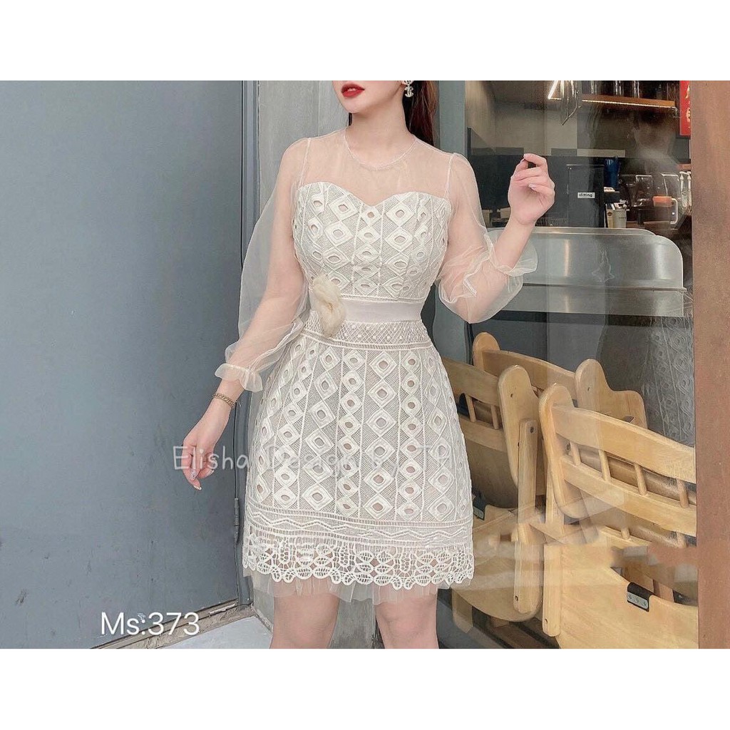Đầm ren hình thoi pha lưới tay dài