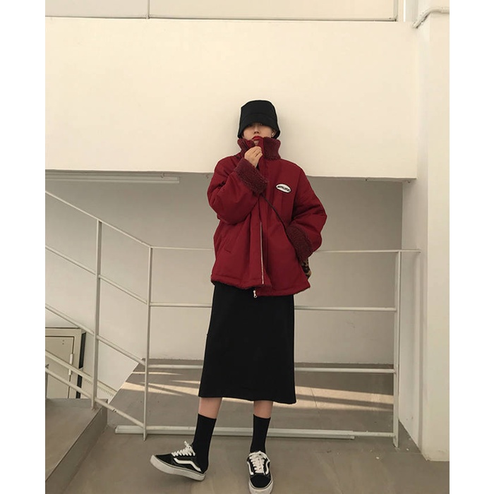 Áo Khoác cotton Giả Lông Cừu Lót Nhung Dáng Rộng Cổ Đứng Phong Cách Hàn Quốc