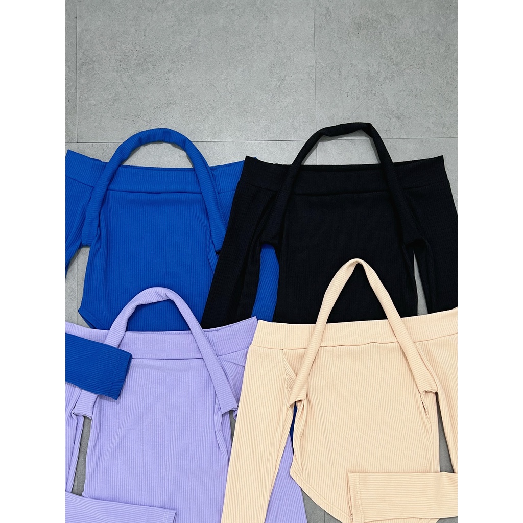 Áo croptop HHVINTAGE bẹt vai lệch tà tay dài chất thun co giãn