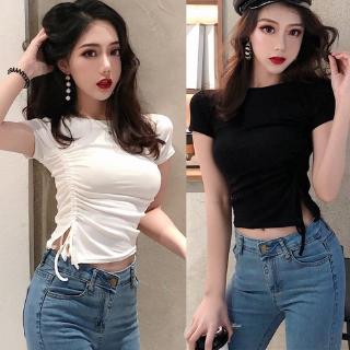 Áo thun có dây rút , cổ tròn , tay ngắn cho nữ