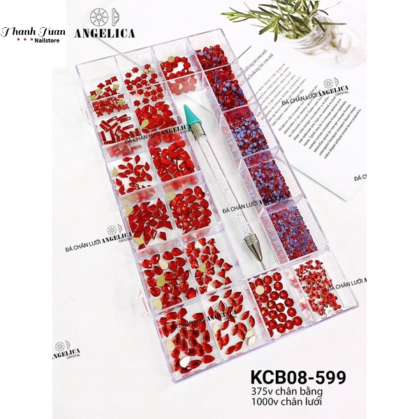 Khay Đá Nail 370 viên Chân bằng và Chân lưới 1000 viên Angelica tặng kèm bút chấm đá 2 đầu- Phụ kiện đồ nail