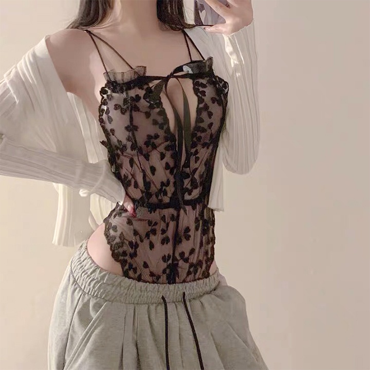 Bodysuit ren hoa nhí xuyên thấu xẻ đáy dây thắt nơ ngực gợi cảm BT42228 | WebRaoVat - webraovat.net.vn