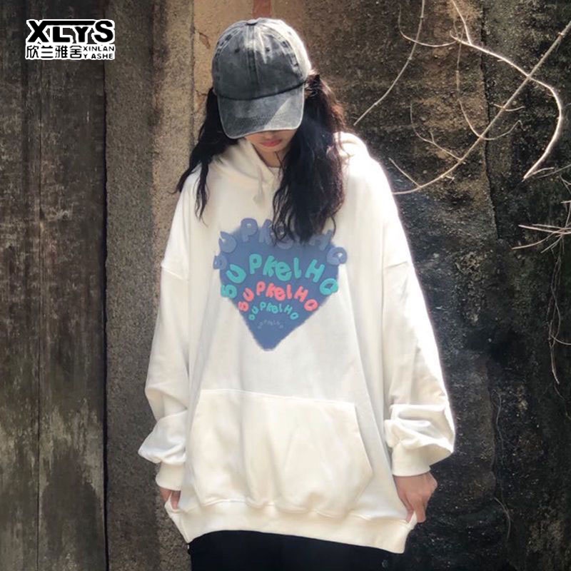 Áo hoodie XINLANYASHE dáng rộng cỡ lớn dày dặn in họa tiết trái tim và chữ cho cặp đôi