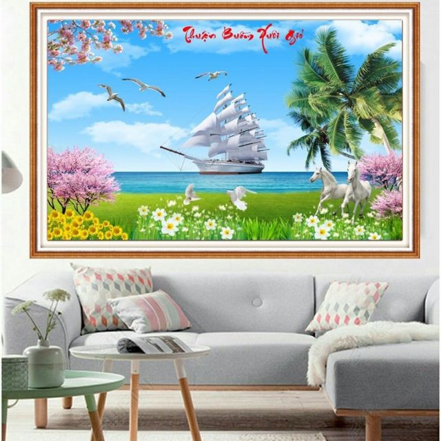 Tranh Đính Đá THUẬN BUỒM XUÔI GIÓ (ĐÁ ABC CAO CẤP). Kích Thước: 80cm x 53cm - 1m x 65cm