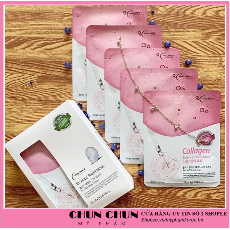 Hộp 10 Túi Mặt nạ giấy chiết xuất từ Collagen làm căng &amp; trắng da Holikey Hàn Quốc 25mlx10