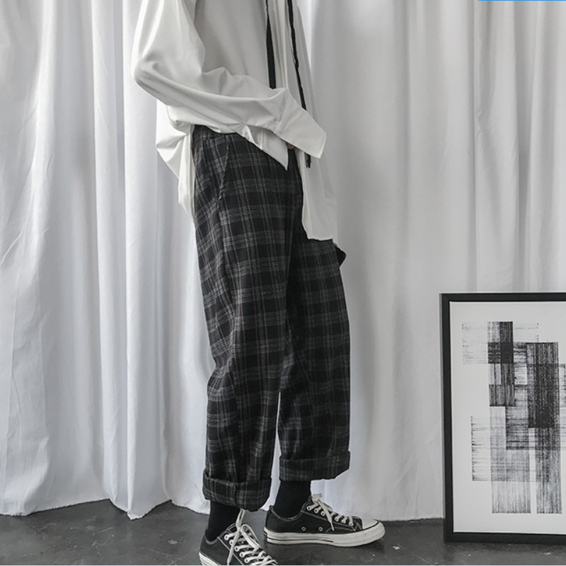 Plaid Casual Pants Men's Korean Style Loose Trend Straight Ins Cropped Trousers