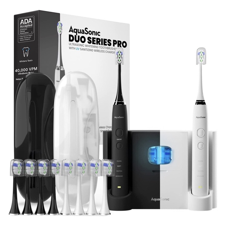 Set 2 Bàn chải điện AquaSonic DUO PRO - siêu trắng răng- Đèn kháng khuẩn - sạc không dây- kèm 10 đầu chải USA