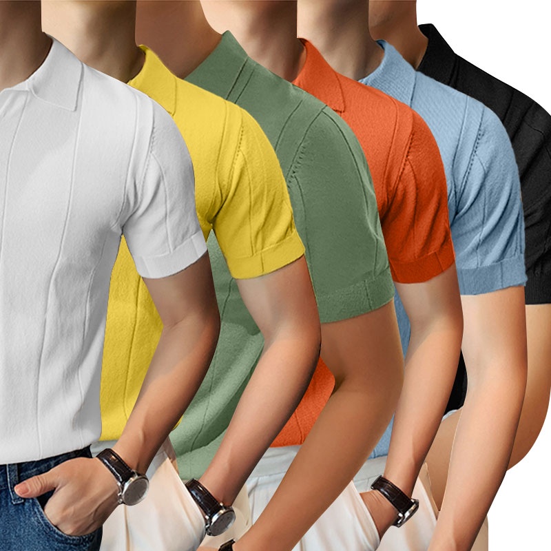 Áo Thun POLO Dệt Kim Ngắn Tay Cổ Chữ V Màu Trơn Thời Trang Cho Nam