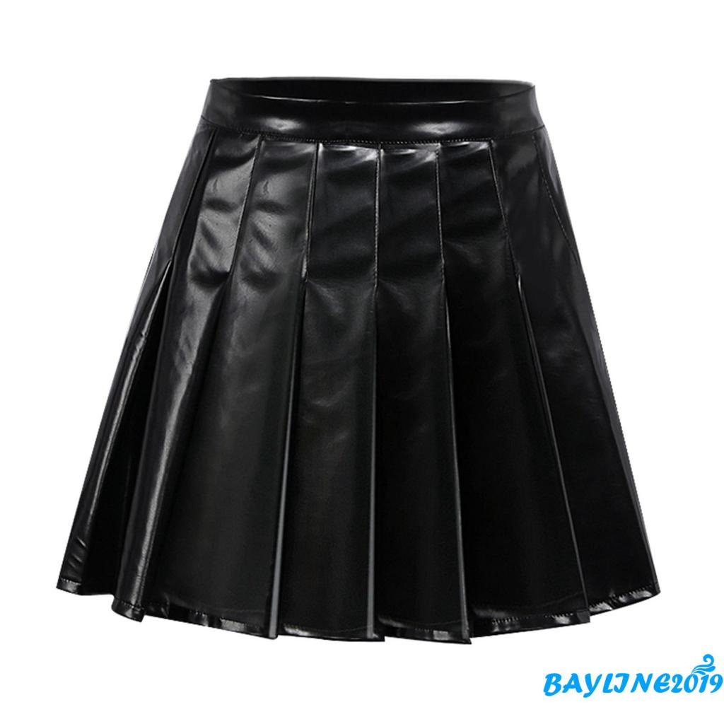 Chân váy da xếp ly lưng cao màu trơn khóa kéo thời trang xuân thu cho nữ